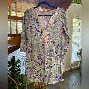 Lilly Pulitzer Blue & Purple Floral 3/4 Sleeve V Neck Shift Dres